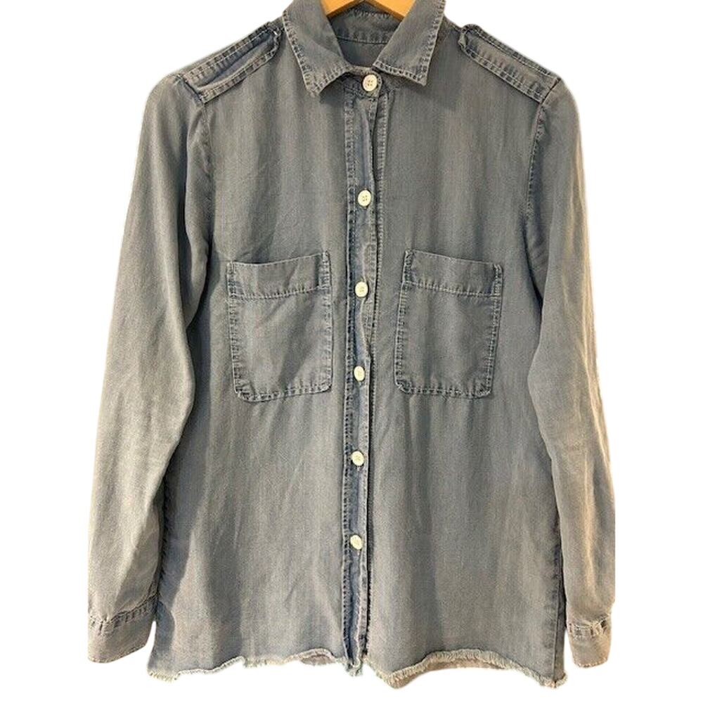 ZARA WOMAN Premium Denim Collection Button Down Shirt SMALL military epaulets